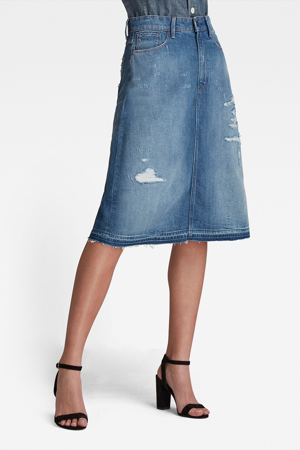 G-Star RAW, Fusta midi din denim cu detalii cu aspect deteriorat, Albastru, 25