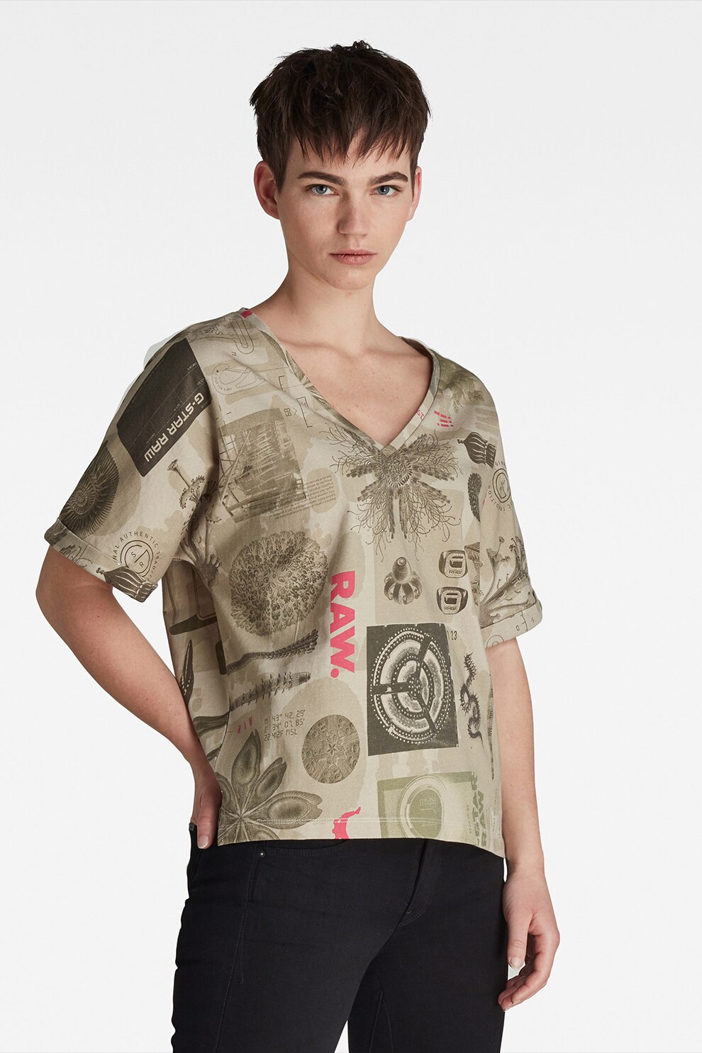 G-Star RAW, Tricou relaxed fit cu decolteu in V Joosa, Maro nisip