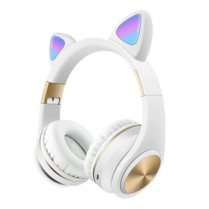 Безжични слушалки с котешки уши, bluetooth 5.0, бяло злато, ATX-BBL3071