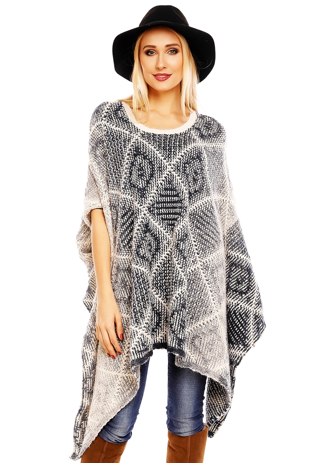 Pulover dama poncho cu model tip romburi, Bej Albastru Crem, S-L