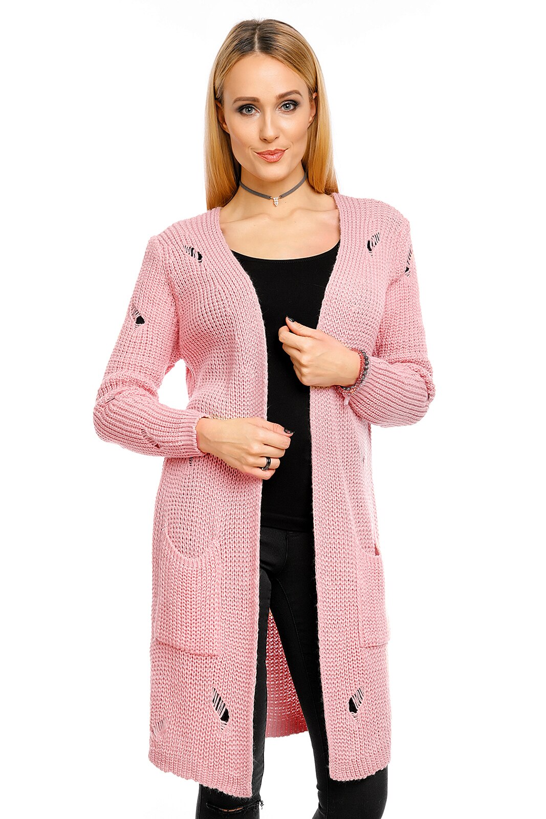 Cardigan cu buzunare si taieturi decorative, Roz, S-M-L