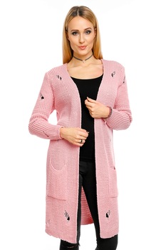 Cardigan cu buzunare si taieturi decorative, Roz, S-M-L Cardigan cu buzunare si taieturi decorative, Roz, S-M-L