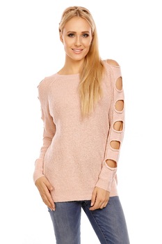 Pulover dama din material calduros cu taieturi, Roz, S-M Pulover dama din material calduros cu taieturi, Roz, S-M