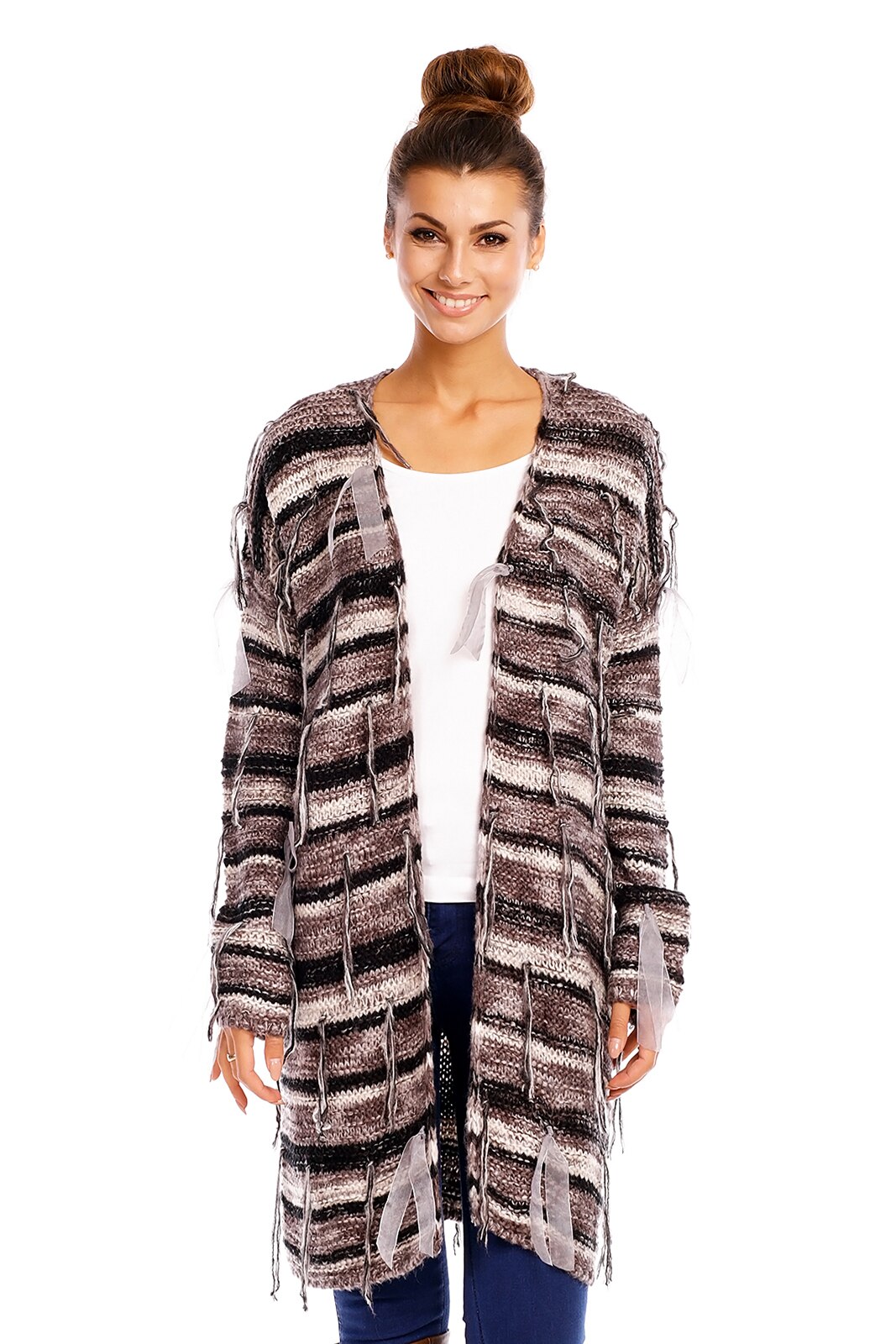 Pulover dama model cardigan cu detalii tip ate, Gri Negru, S-L