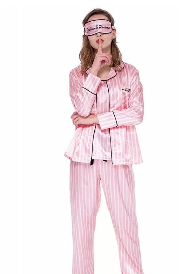 Set pijama 7 piese, Herablum®, Secret Dreams, material satinat, Alb/Roz