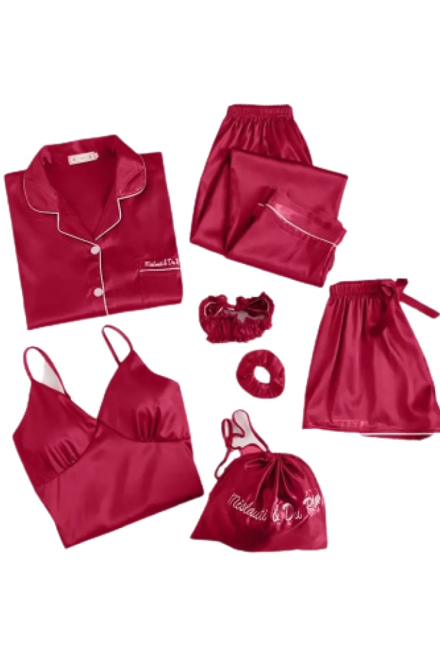 Set pijama 7 piese, Herablum®, Secret Dreams, material satinat, Rosu