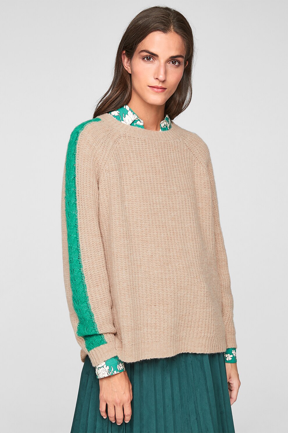 s.Oliver, Pulover din amestec de lana cu model torsade, Bej/Verde