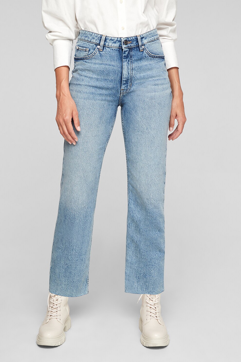 s.Oliver, Blugi cu talie inalta si aspect decolorat, Albastru deschis