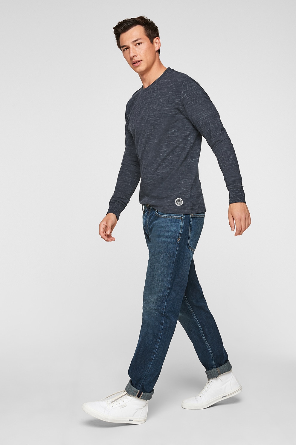 s.Oliver, Bluza din amestec de bumbac cu decolteu la baza gatului, Gri melange