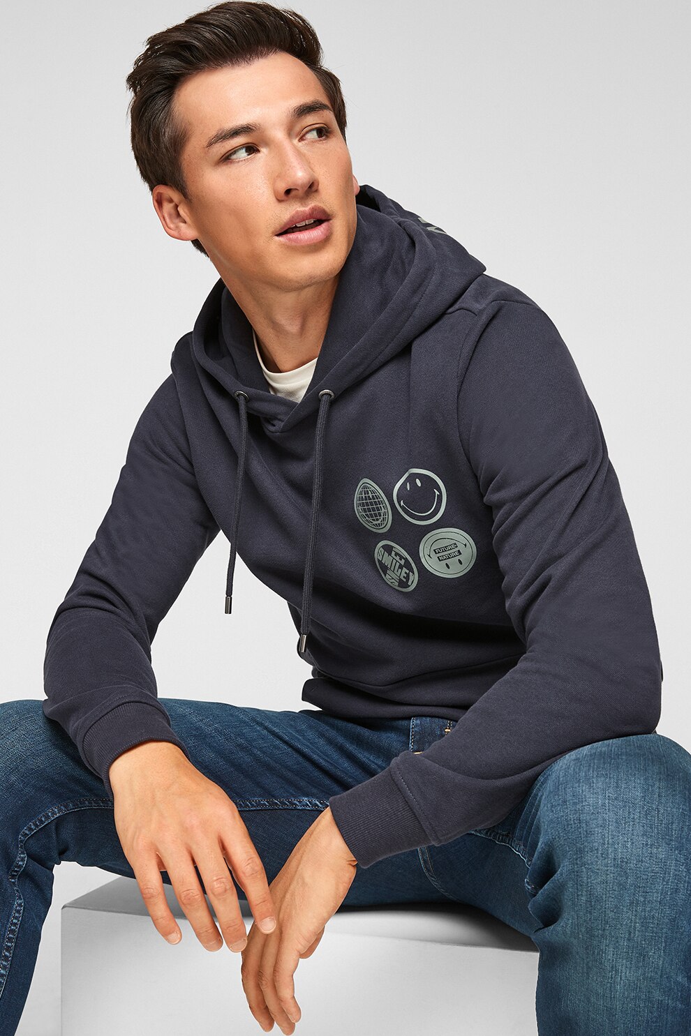 s.Oliver, Hanorac de bumbac cu imprimeu grafic si text, Gri inchis