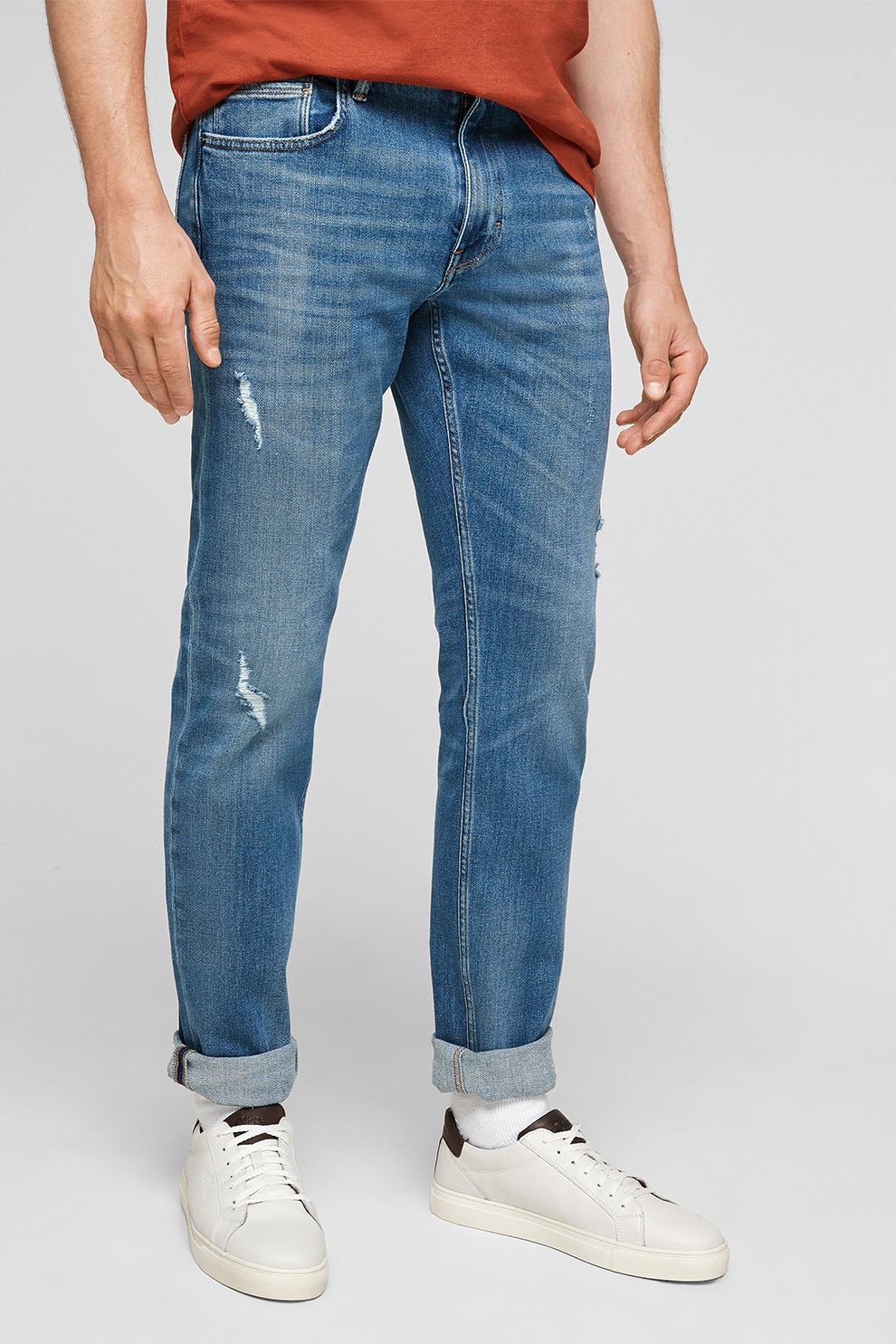 s.Oliver, Blugi cu talie medie si aspect deteriorat, Albastru