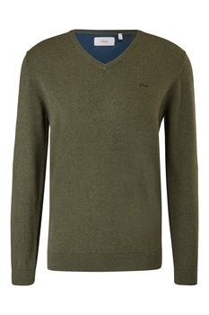 s.Oliver, Pulover de bumbac cu decolteu in V si logo brodat, Verde militar, L s.Oliver, Pulover de bumbac cu decolteu in V si logo brodat, Verde militar, L