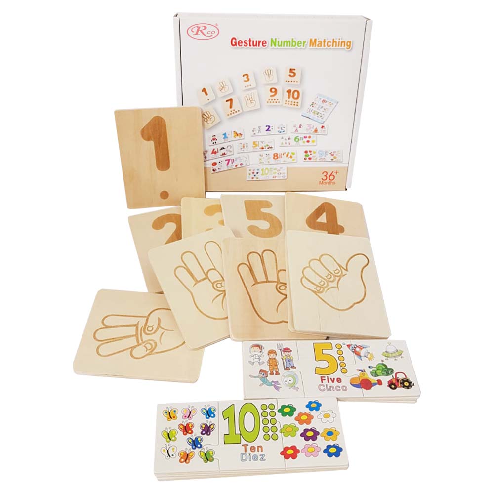 Puzzle trei piese din lemn cu asocieri numere, multimi, in engleza si spaniola, 40 piese, WD9562 RCO®