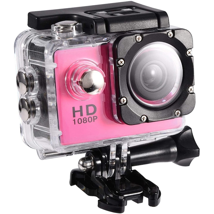 Спортна камера SIKS®, Водоустойчива, HD 1080P, 2 инча, Автономия 90 минути, Розов