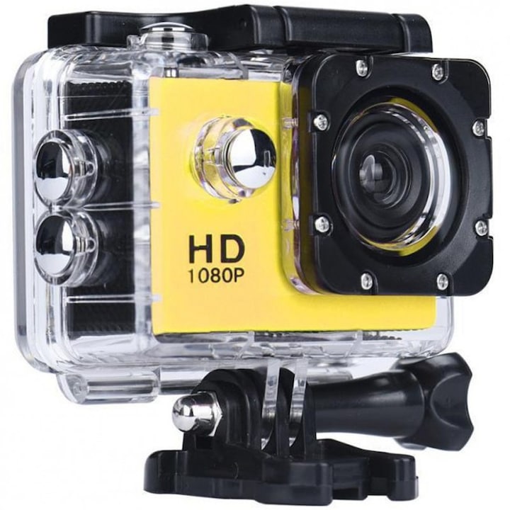Спортна камера SIKS®, Водоустойчива, HD 1080P, 2 инча, Автономия 90 минути, Жълт