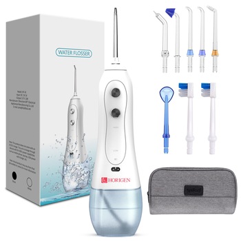 Irigator bucal si oral profesional Horigen® Care Plus, 1800 pulsatii/m, 110 Psi, portabil, 5 viteze cu memorie, acumulator 2500mAh, 8 duze incluse, tehnologie Easy Flow, 300 ml, alb Irigator bucal si oral profesional Horigen® Care Plus, 1800 pulsatii/m, 110 Psi, portabil, 5 viteze cu memorie, acumulator 2500mAh, 8 duze incluse, tehnologie Easy Flow, 300 ml, alb