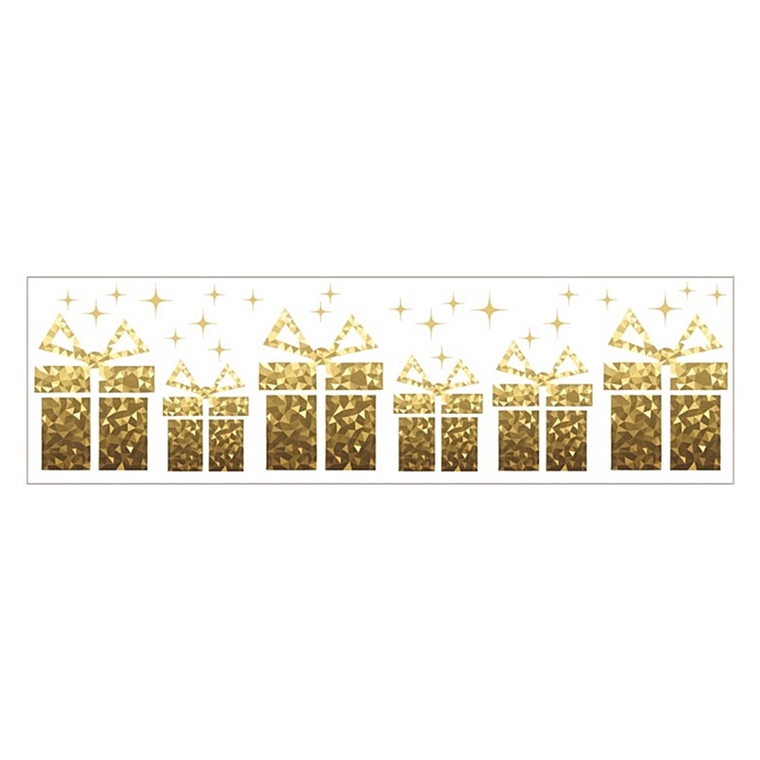 Sticker geam de iarna cu holograma - cadouri aurii, 64 x 15 cm