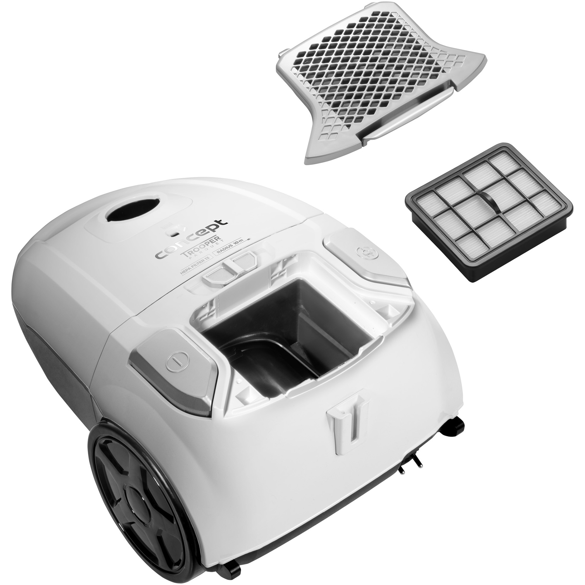Aspirator cu sac Concept Trooper Parquet VP8090, 700W, capacitate 3l, perie parchet, filtru lavabil HEPA 13, Alb