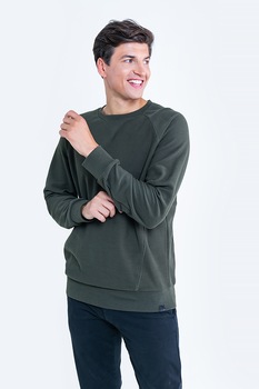 Big Star, Bluza sport cu decolteu la baza gatului si maneci raglan, Verde inchis, S Big Star, Bluza sport cu decolteu la baza gatului si maneci raglan, Verde inchis, S