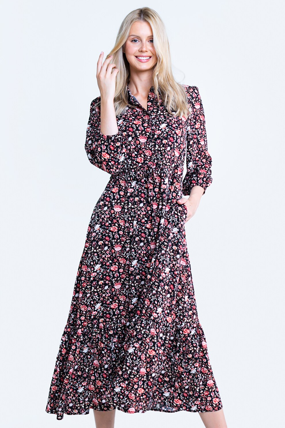 Big Star, Rochie evazata cu imprimeu si buzunare laterale, Negru/Alb/Rosu