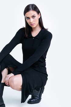 Big Star, Rochie striata tip camasa cu cordon in talie, Negru Big Star, Rochie striata tip camasa cu cordon in talie, Negru