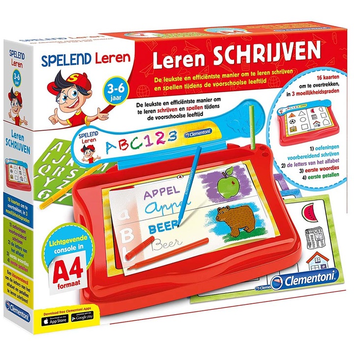 Clementoni Oktatási Tablet Tanulj meg betűket írni 666591 1-84, 16 gyakorlat, holland változat, piros, 46 cm