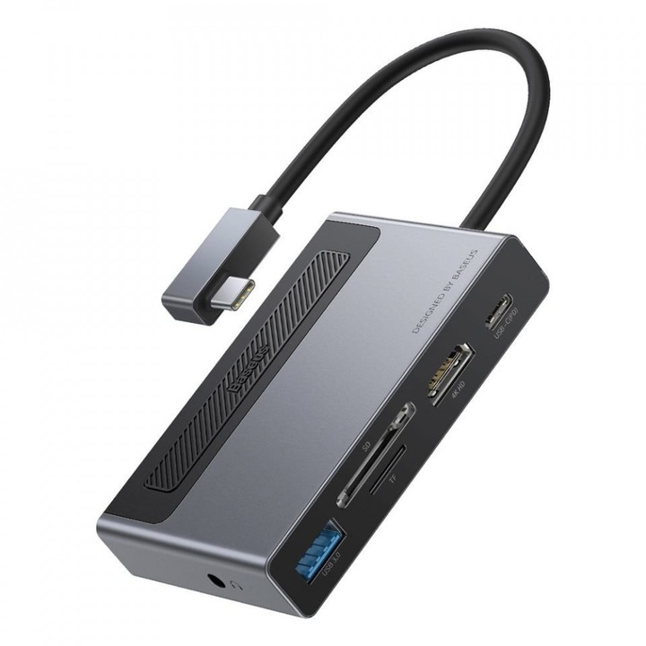 Адаптер HUB Baseus 6in1 многофункционален с превключвател на захранването USB Type C - USB Type C Power Delivery 100 W / HDMI 4K 60 Hz / SD и microSD четец на карти памет / USB 3.2 Gen 1 / 3,5 mm мини жак сив (CAHUB-DA0G)