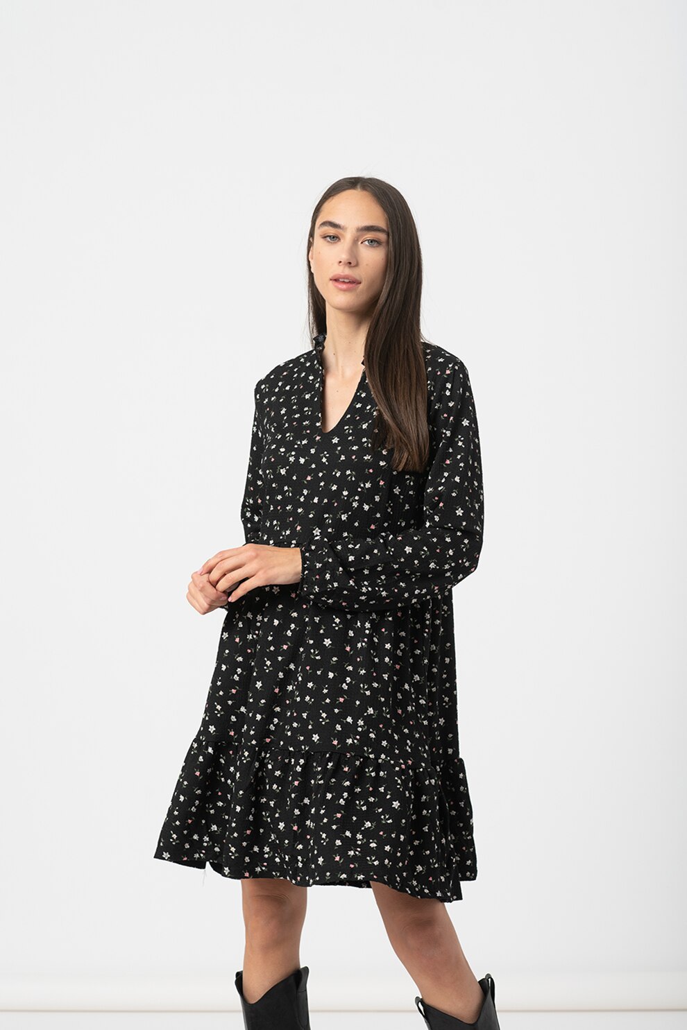 Haily's, Rochie cu model floral si terminatie cu volan, Negru/Alb/Roz, S