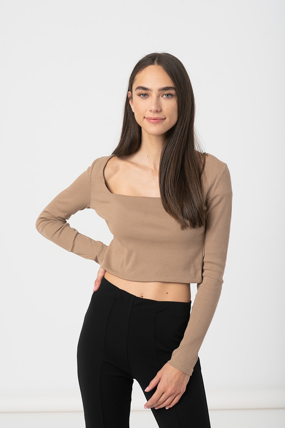 Haily's, Bluza crop cu decolteu patrat Kira, Bej