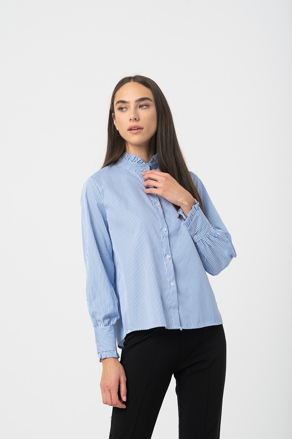 Haily's, Camasa in dungi cu maneci bufante Jeanette, Alb/Albastru