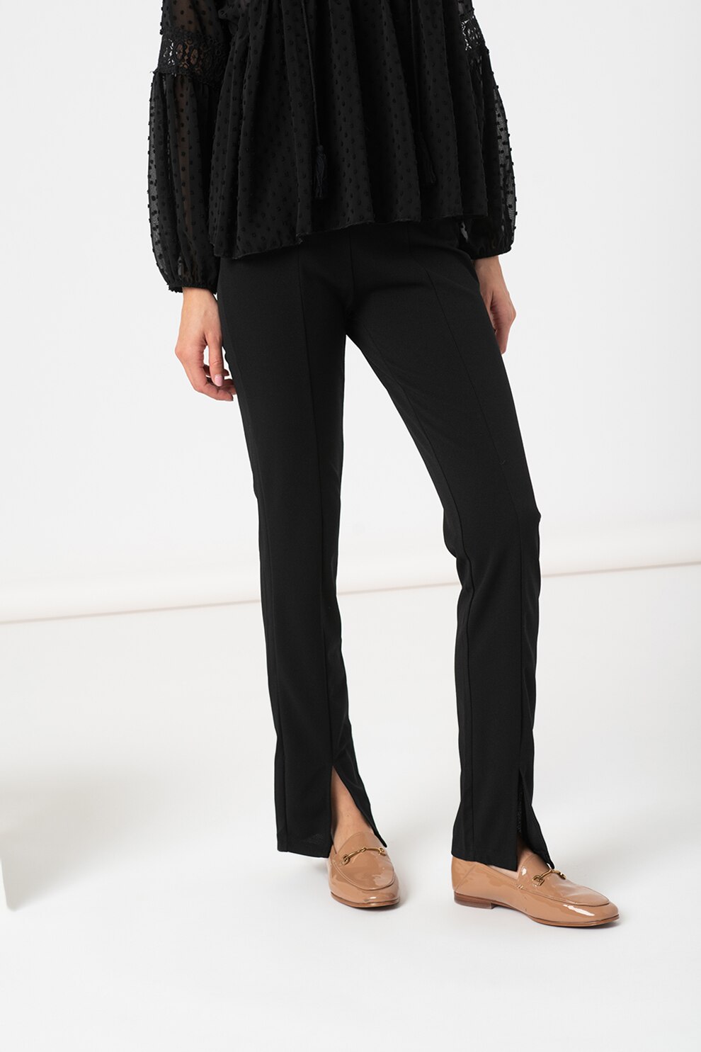 Haily's, Pantaloni cu talie inalta si slit frontal, Negru, XL