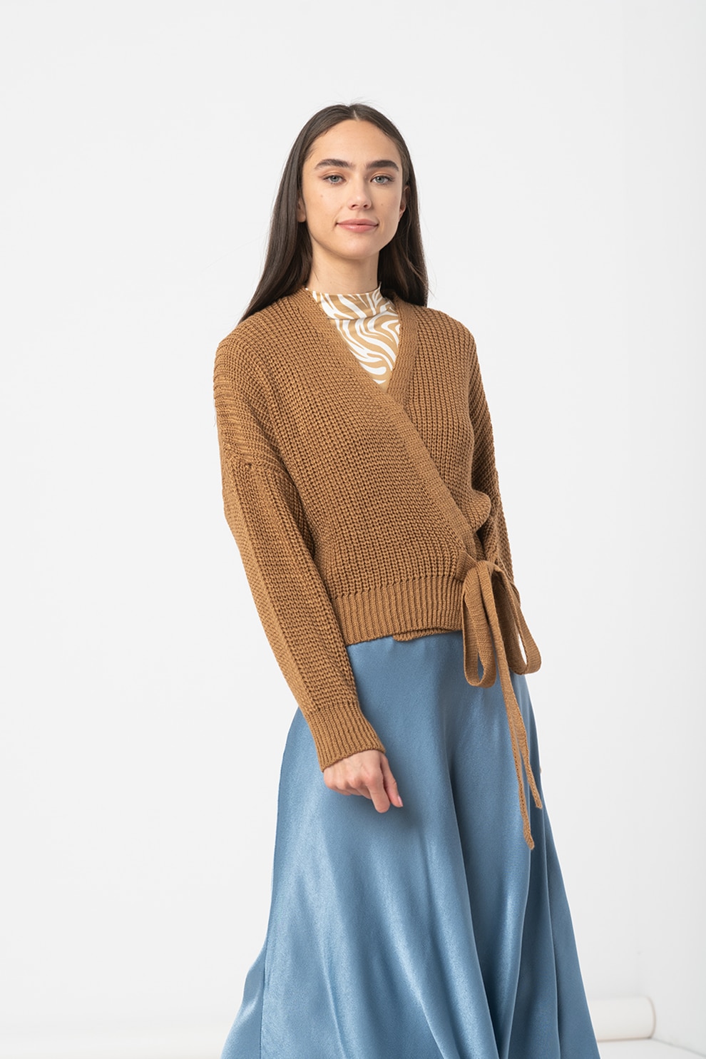 Haily's, Cardigan petrecut cu maneci cazute Laurena, Maro caramel