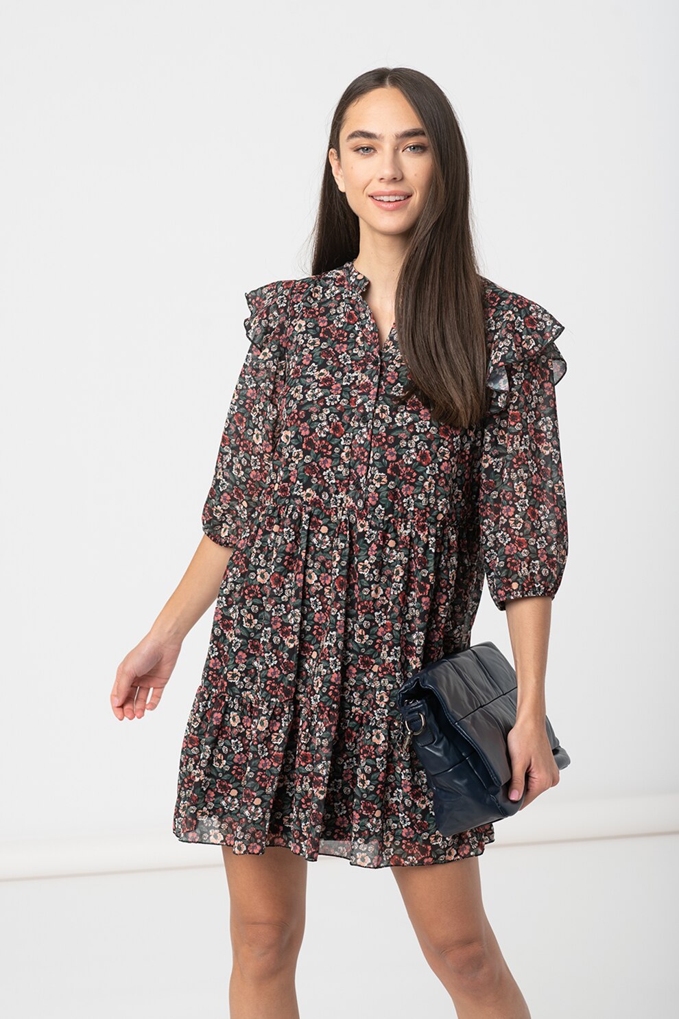 Haily's, Rochie cu model floral si volane Daisy, Verde/Negru/Oranj