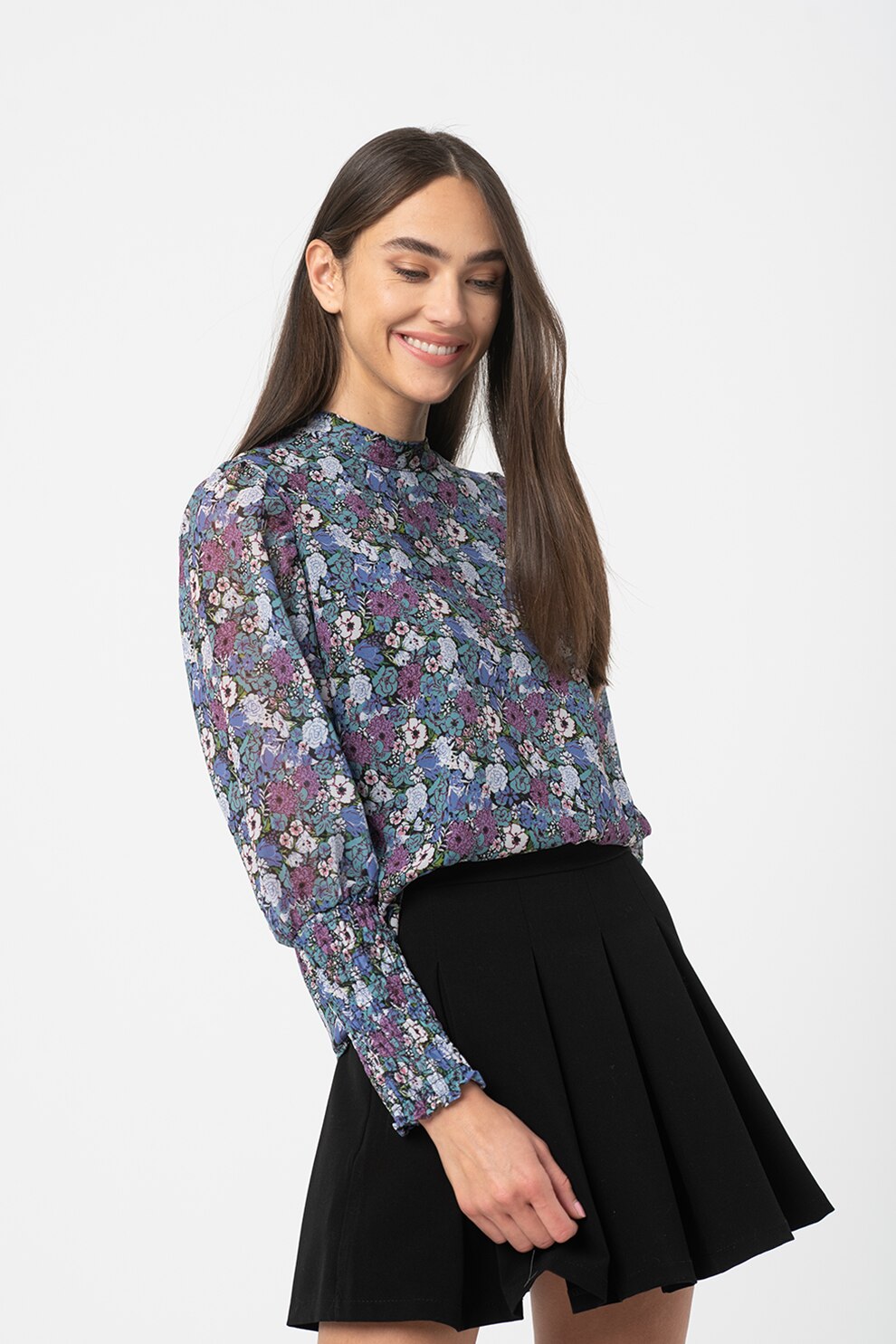 Haily's, Bluza cu model floral si maneci bishop Valea, verde, mov, alb