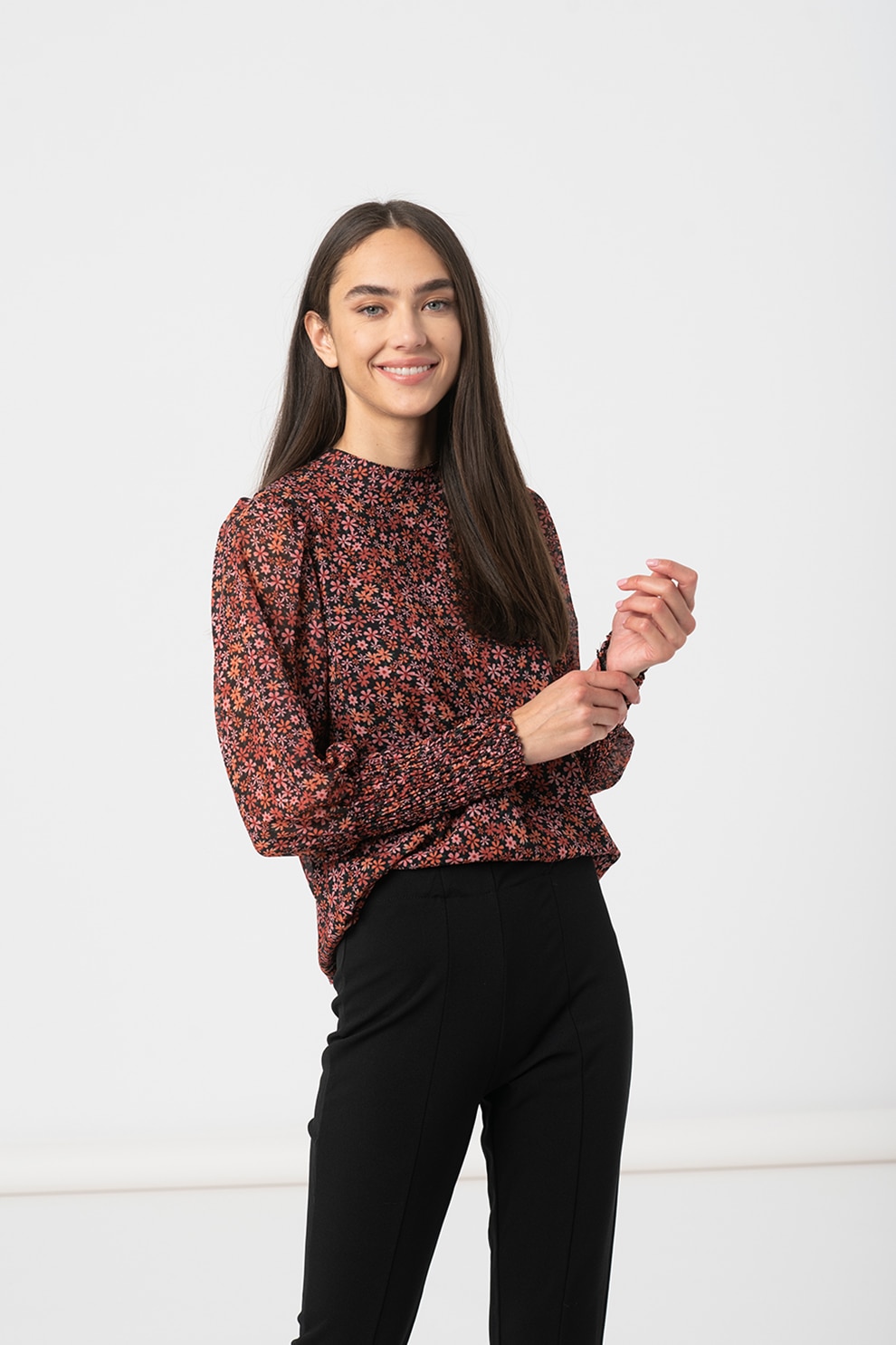 Haily's, Bluza cu model floral si maneci bishop Valea, Negru/Oranj