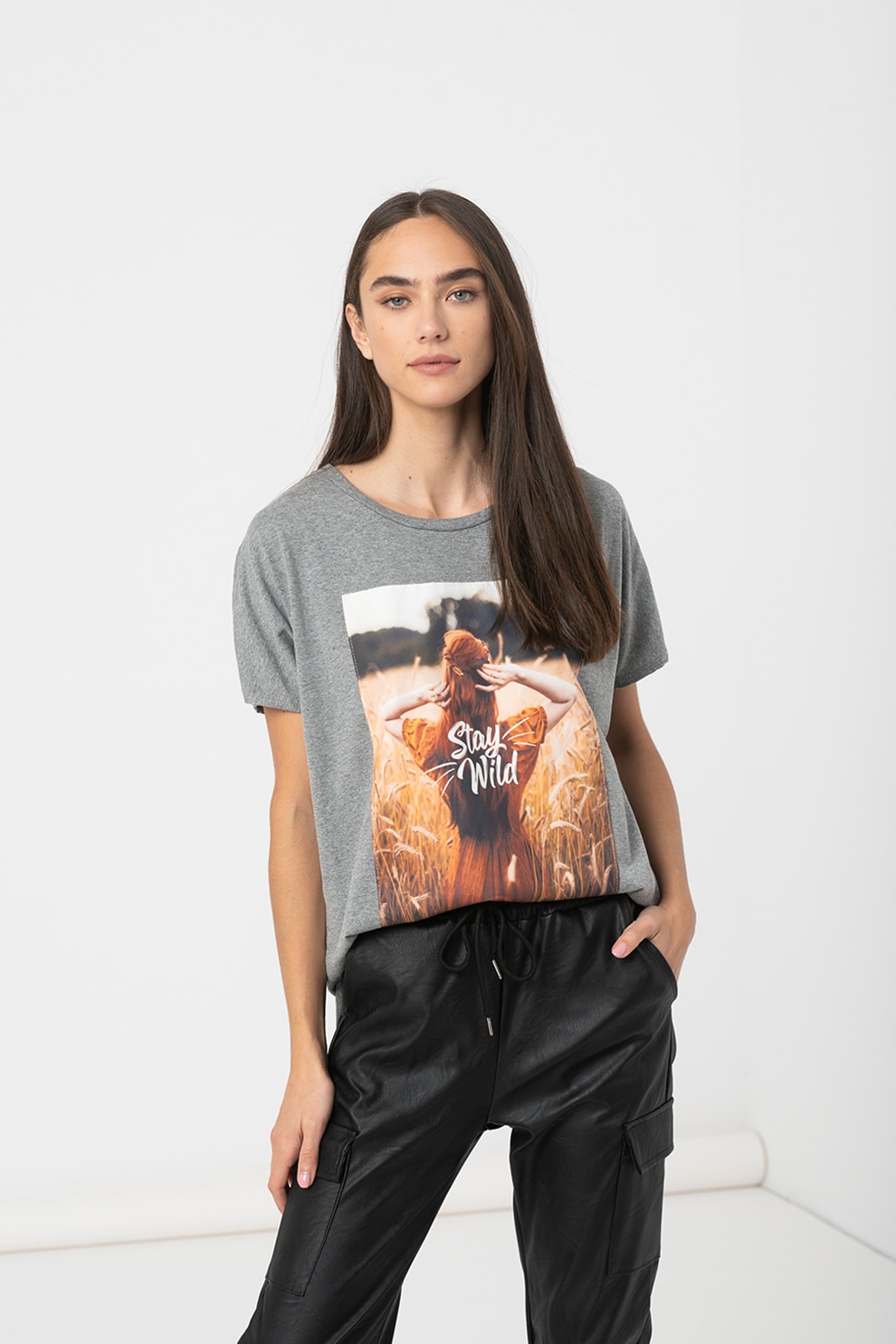 Haily's, Tricou supradimensionat cu imprimeu foto Lia, Gri melange/Oranj