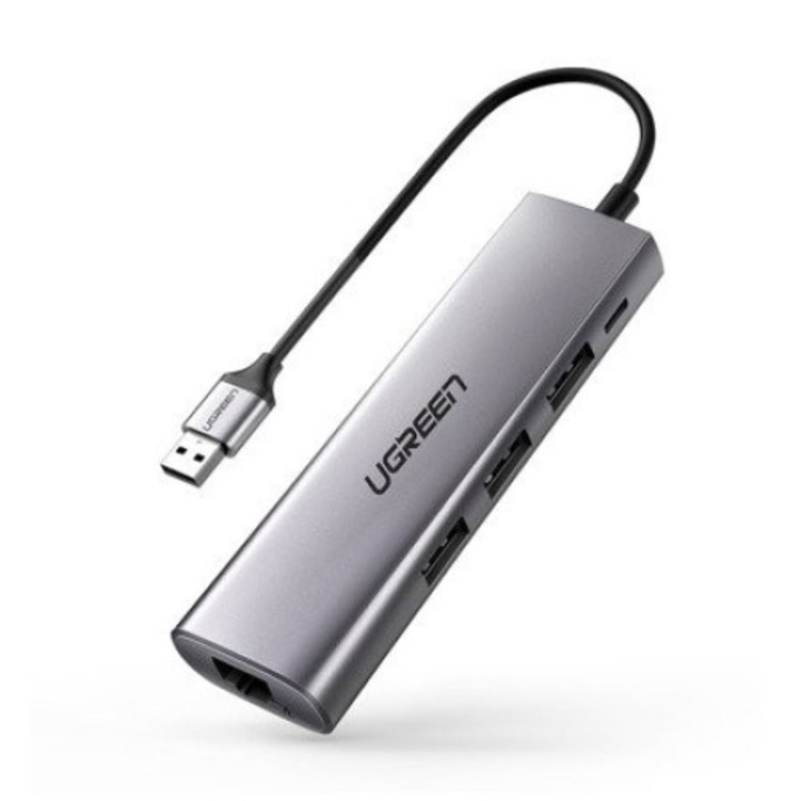 UGREEN CM266 адаптер хъб 5 в 1 USB, 3x USB 3.0, микро USB, RJ45 (gri)