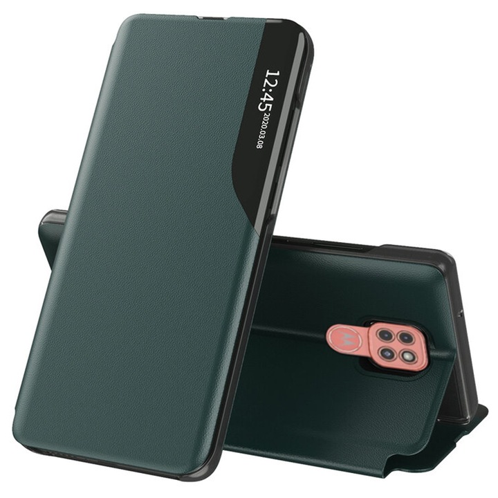Капак за Motorola Moto E7 Plus/Moto G9 Play, Екологична кожа, Тъмно зелен