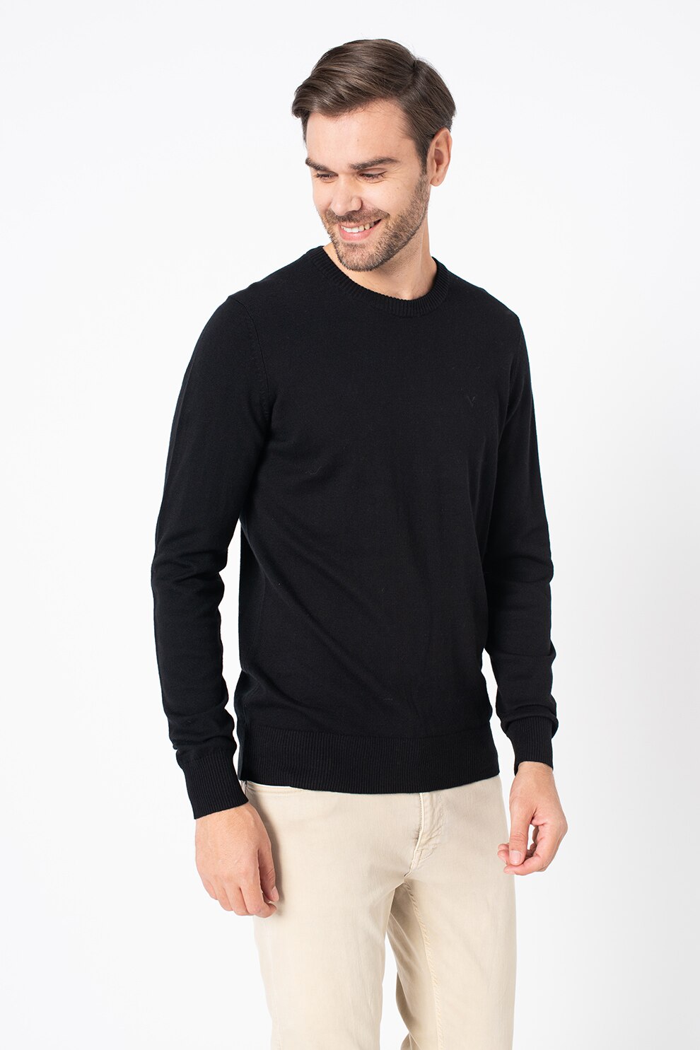 American Eagle, Pulover cu decolteu rotund si broderie logo, Negru