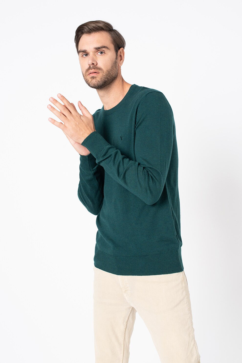 American Eagle, Pulover cu decolteu rotund si broderie logo, Verde persan