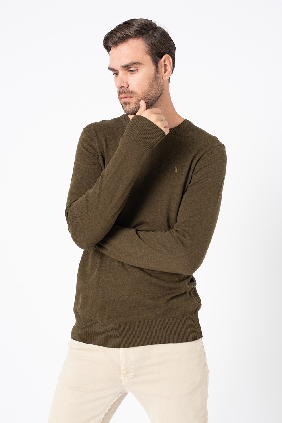 American Eagle, Pulover cu decolteu rotund si broderie logo, Verde oliv