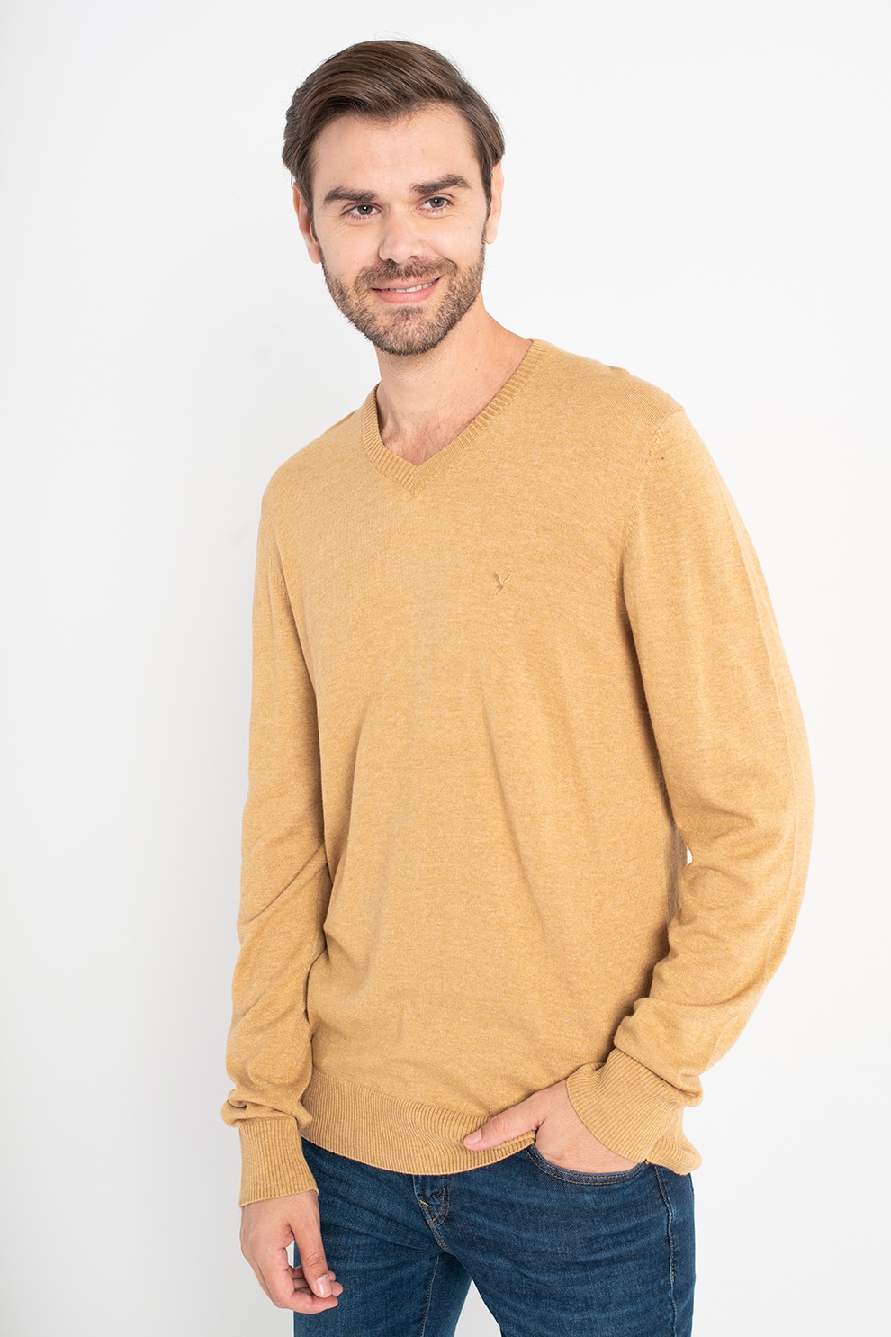 American Eagle, Pulover cu decolteu in V si broderie logo, Kaki