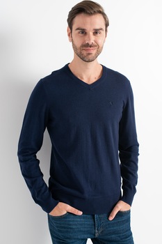 American Eagle, Pulover cu decolteu in V si broderie logo, Bleumarin American Eagle, Pulover cu decolteu in V si broderie logo, Bleumarin