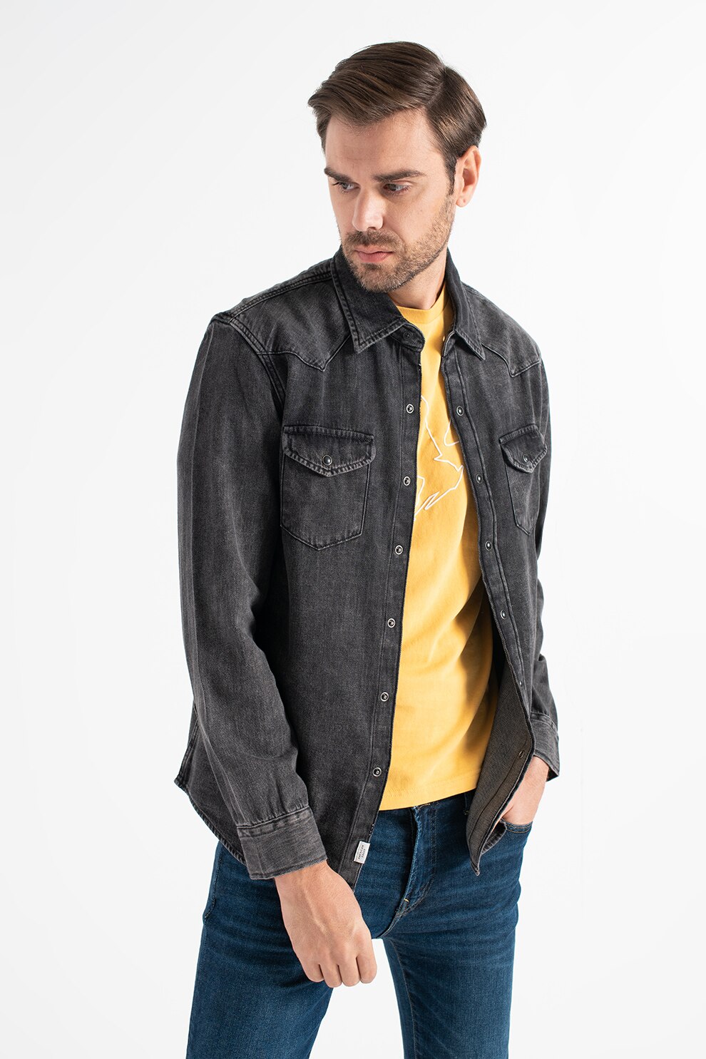 American Eagle, Camasa de denim cu maneci lungi, Negru stins