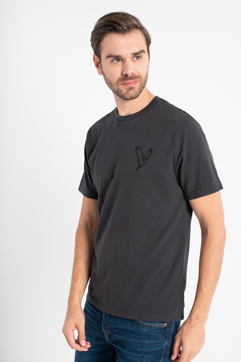 American Eagle, Tricou cu decolteu la baza gatului si logo, Gri antracit