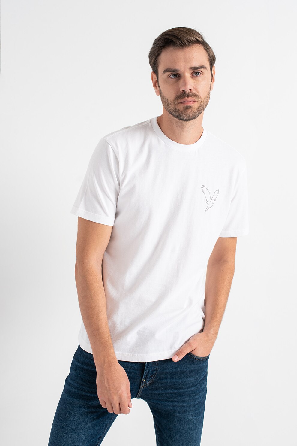 American Eagle, Tricou cu decolteu la baza gatului si logo, Alb