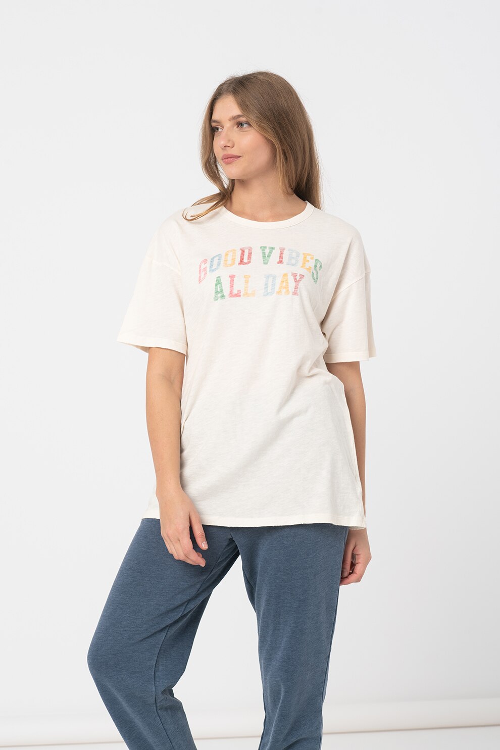 American Eagle, Tricou supradimensionat cu text, Alb fildes