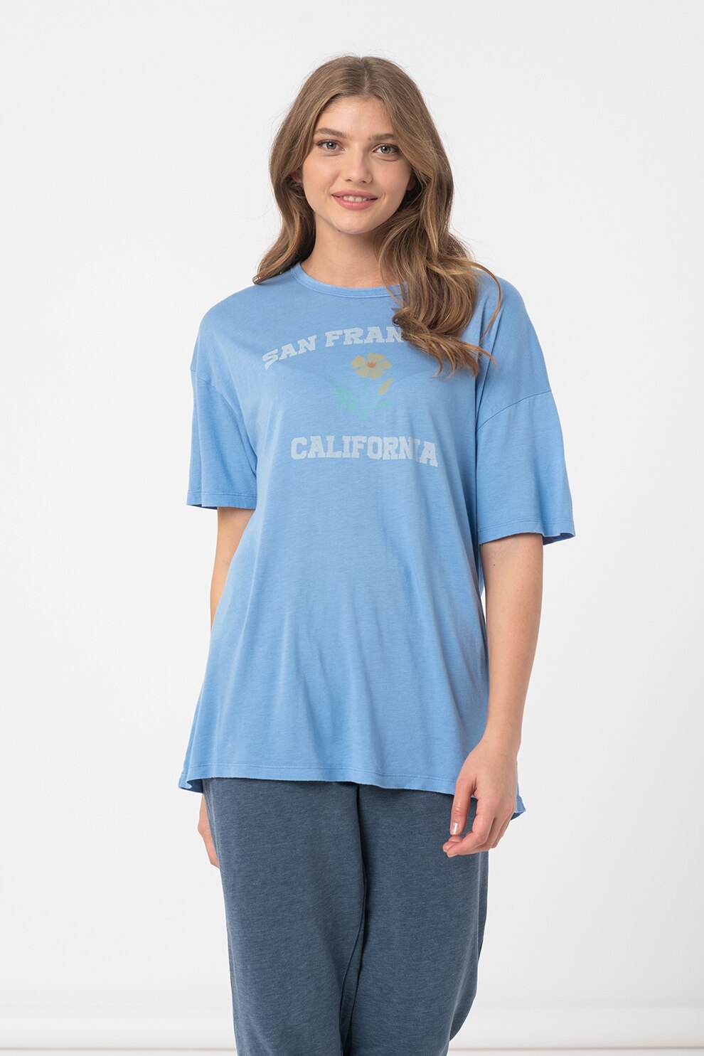 American Eagle, Tricou supradimensionat cu text, Albastru lavanda