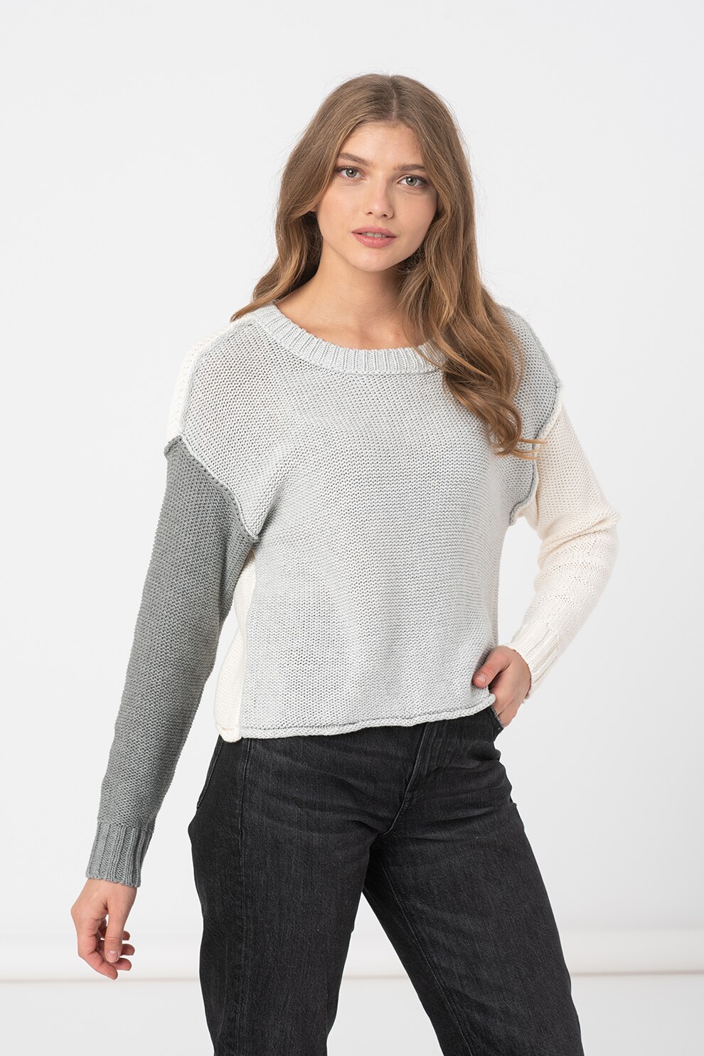 American Eagle, Pulover de bumbac cu maneci cazute, Gri/Alb