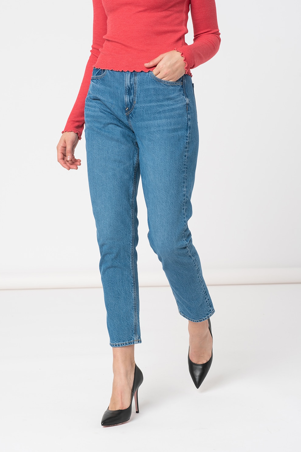 American Eagle, Blugi mom fit crop cu talie inalta, Albastru